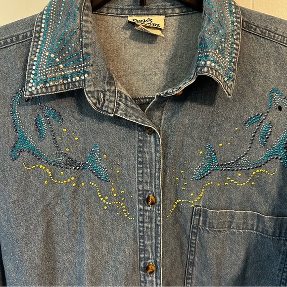 Embroidered Denim Shirt with Beaded Details women’s 1x. Dolphin bedazzled ocean. - Picture 3 of 12